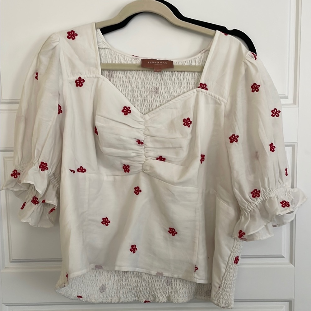 JessaKae Red and White Blouse with Sweetheart Neckline and Puff Sleeves